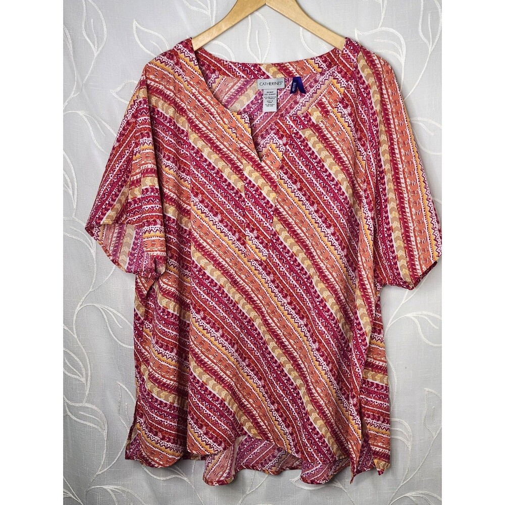 Catherines Plus Petite 2XWP Pink Orange Stripe Dolman Sleeve Popover Blouse